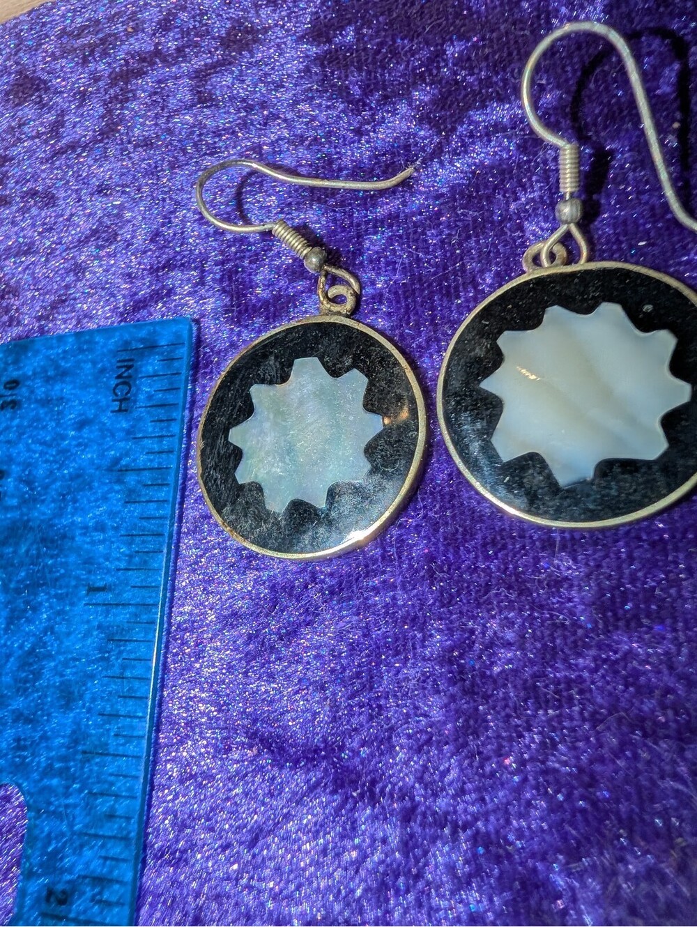 Vintage Alpaca Mexico Dangle Earrings with Mother of Pearl Inlay - Picture 2 of 4